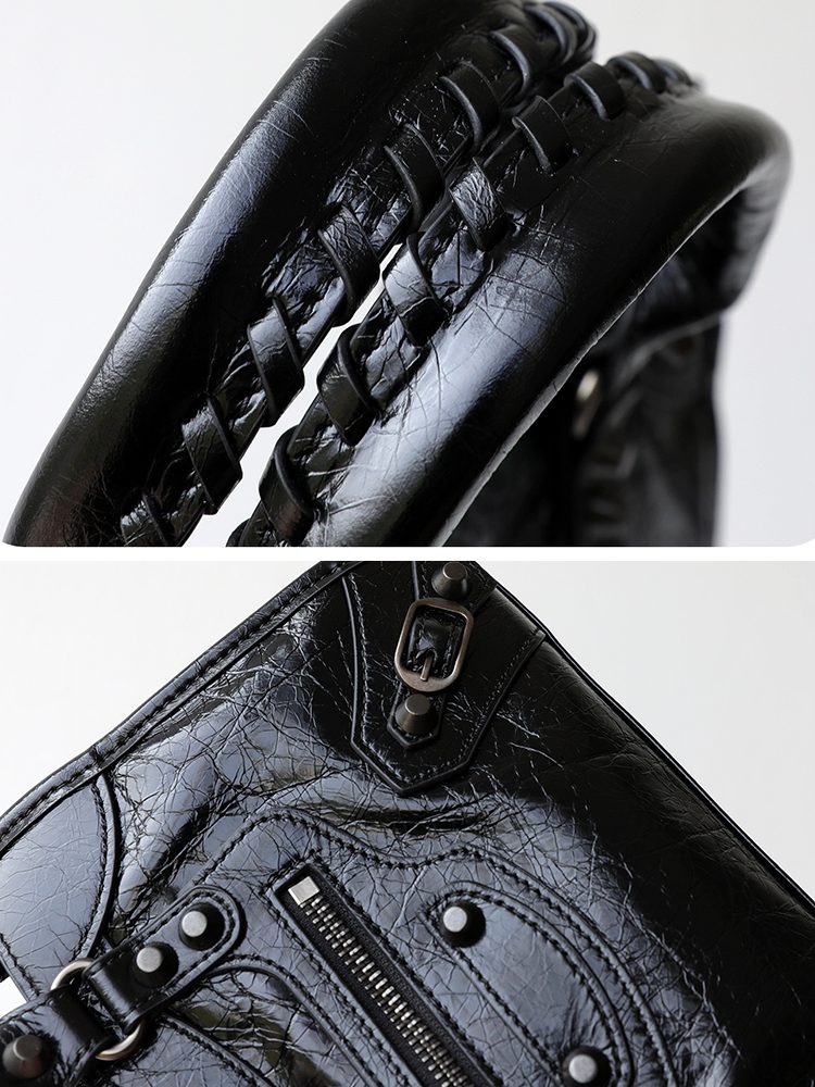 Genuine Leather Motorcycle Bag for Women, Vintage Moto Handbag with Stud Details, Large Capacity Top Handle Shoulder Bag