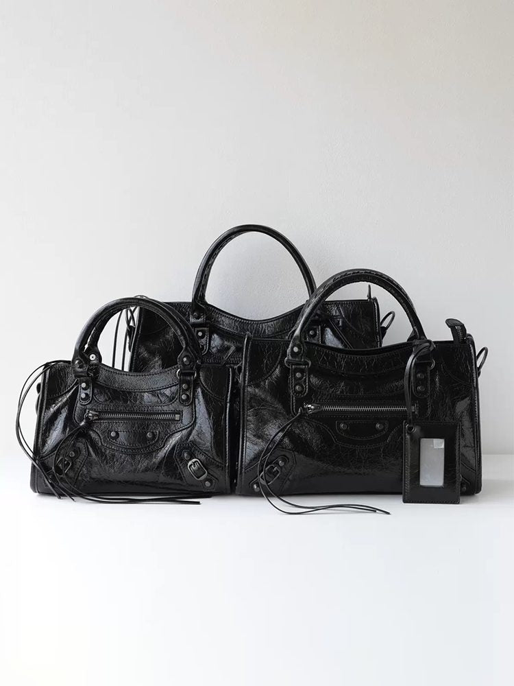 Genuine Leather Motorcycle Bag for Women, Vintage Moto Handbag with Stud Details, Large Capacity Top Handle Shoulder Bag