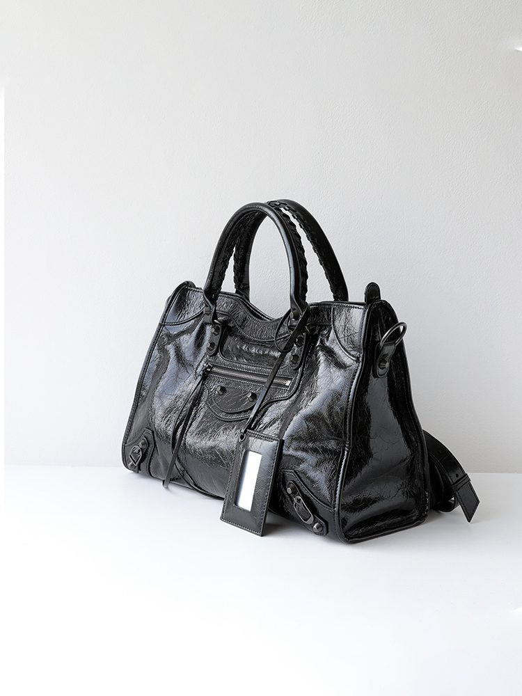 Genuine Leather Motorcycle Bag for Women, Vintage Moto Handbag with Stud Details, Large Capacity Top Handle Shoulder Bag