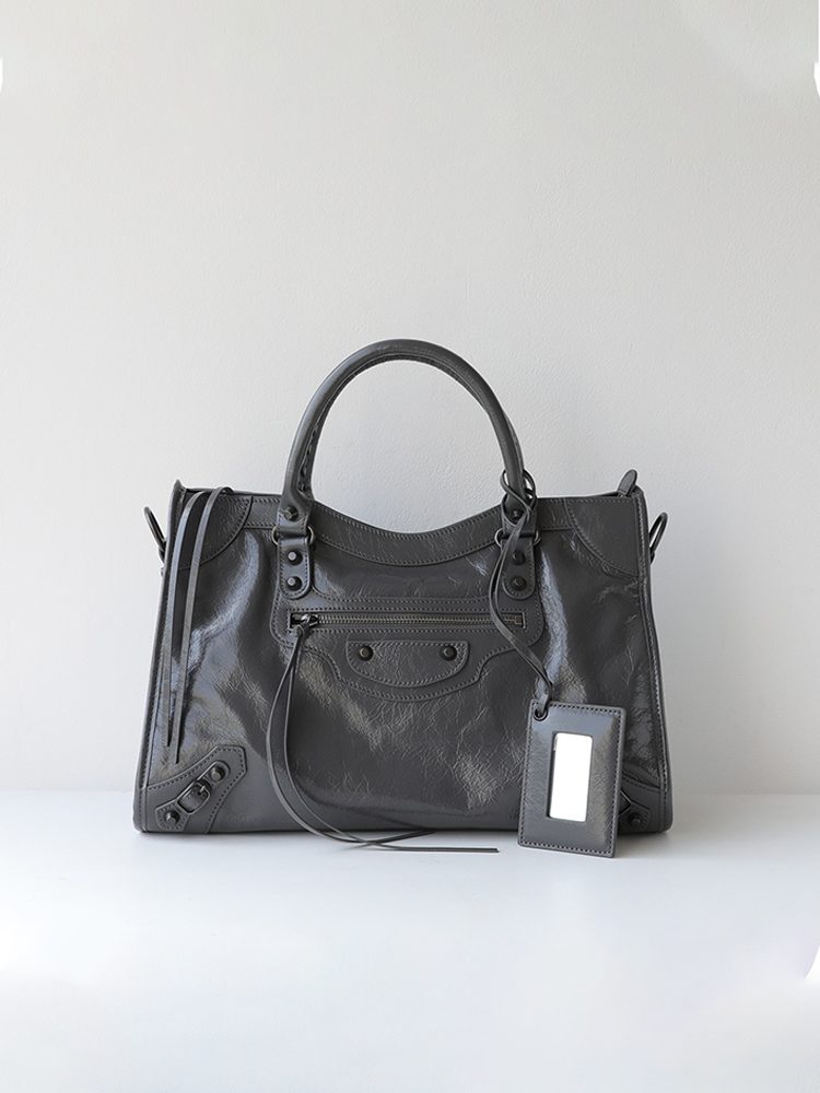 Genuine Leather Motorcycle Bag for Women, Vintage Moto Handbag with Stud Details, Large Capacity Top Handle Shoulder Bag