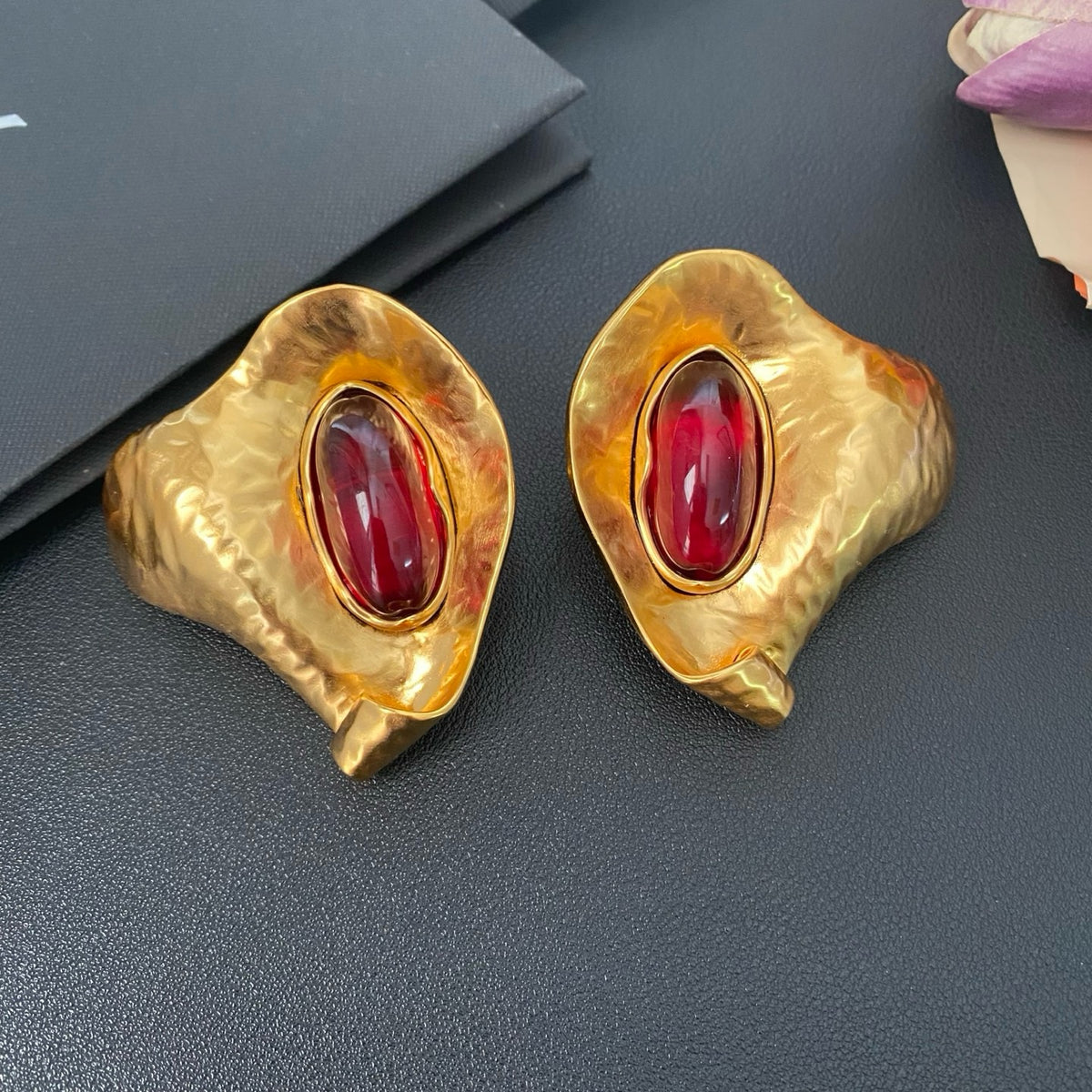 Gold Green Big Vintage Earrings Clip on