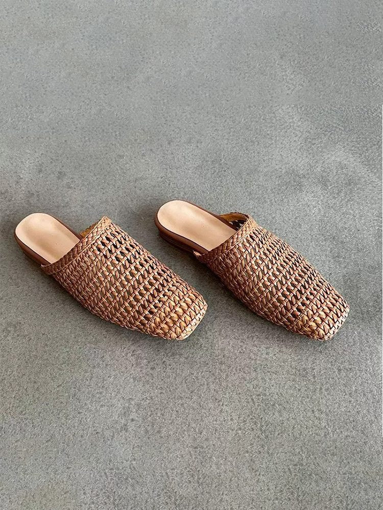 Handwoven Hollow Leather Closed-Toe Summer Mule Sandals Shoes