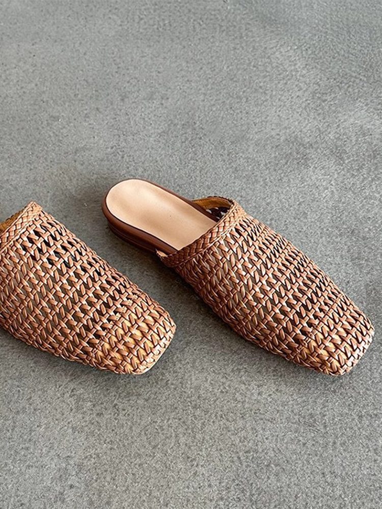 Handwoven Hollow Leather Closed-Toe Summer Mule Sandals Shoes