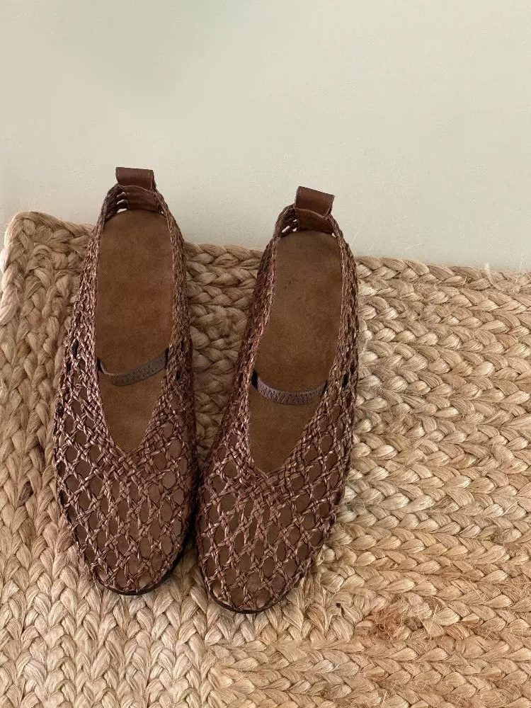 Handwoven Sheepskin Hollow Flats Fisherman Sandals Shoes
