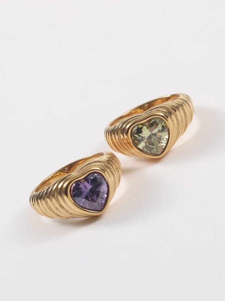 Heart-Shaped Cubic Zirconia Dome Ring, 18K Gold Plated Stainless Steel Cute Candy-Inspired Ring