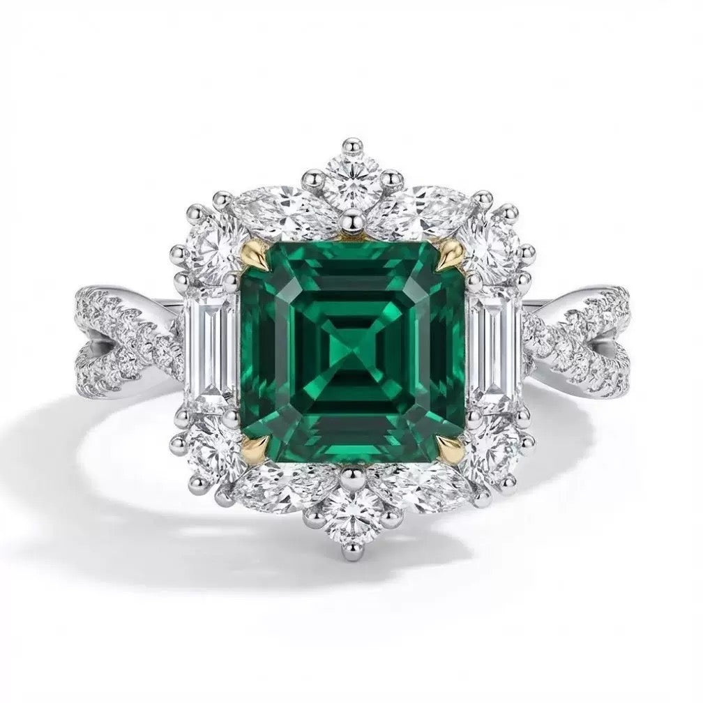 S925 Sterling Silver Emerald Green Square CZ Ring, Cute Sugar Cube Minimalist Fashion Ring for Women