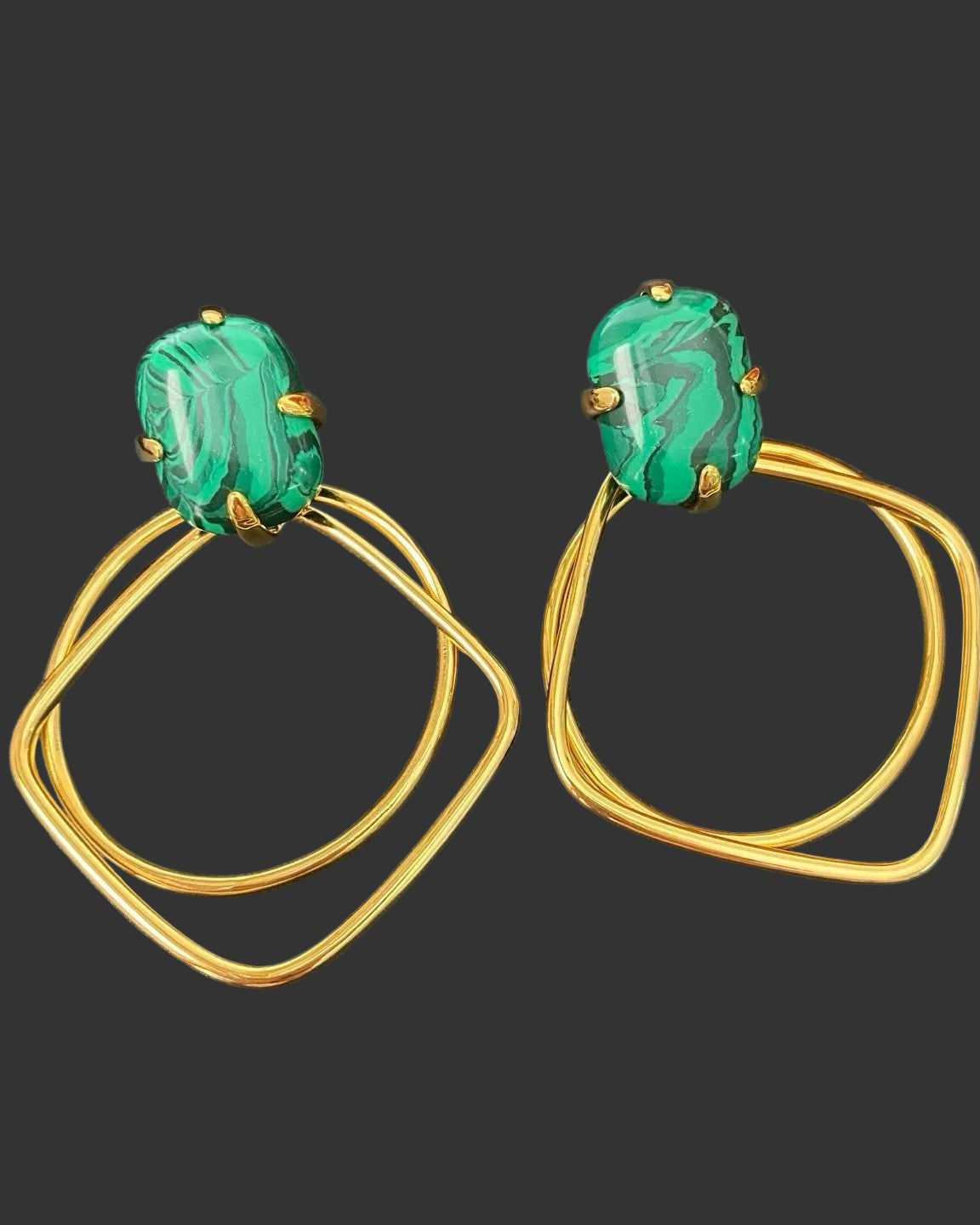 Vintage Earrings Big Gold Green Stone Clip on