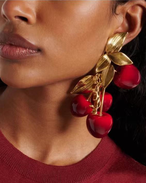 Vintage Big Red Plant Earrings Gold Clip on