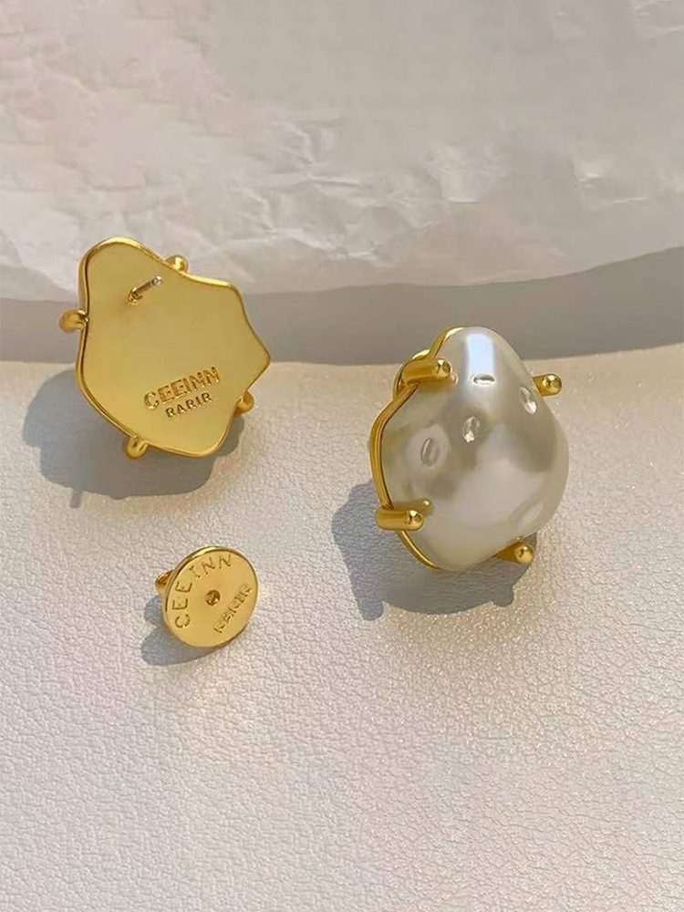 Irregular Faux Pearl Stud Earrings in Stainless Steel with 18K Gold Plating Screw Back Clip-On Earrings