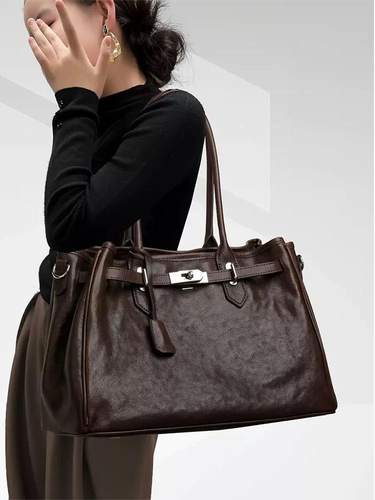Large Black Cowhide Leather Business Handbag