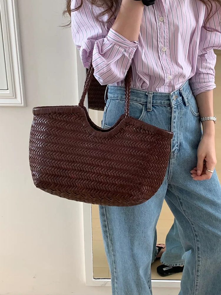 Large Handwoven Top-Grain Leather Basket Tote Bag