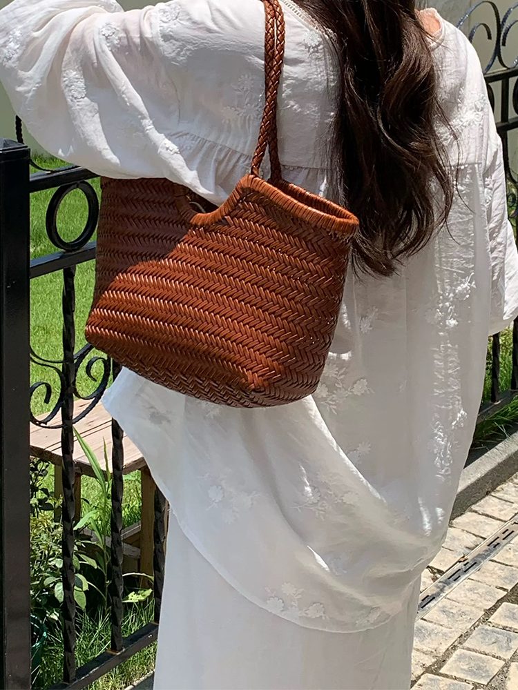 Large Handwoven Top-Grain Leather Basket Tote Bag