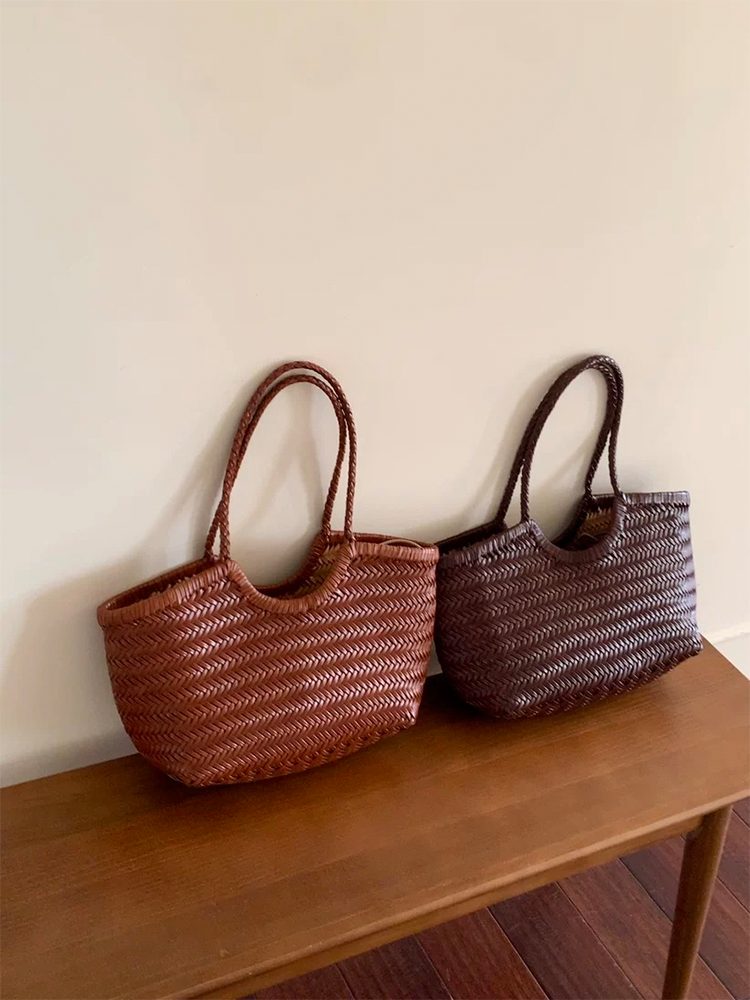 Large Handwoven Top-Grain Leather Basket Tote Bag
