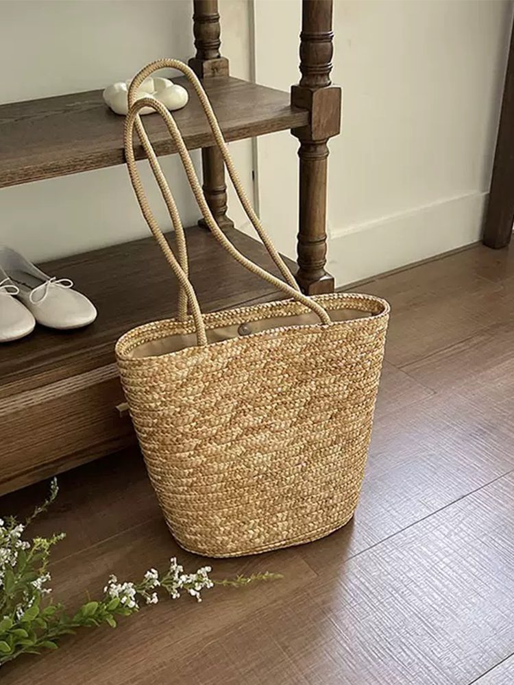 Large Solid Color Woven Shoulder Bag