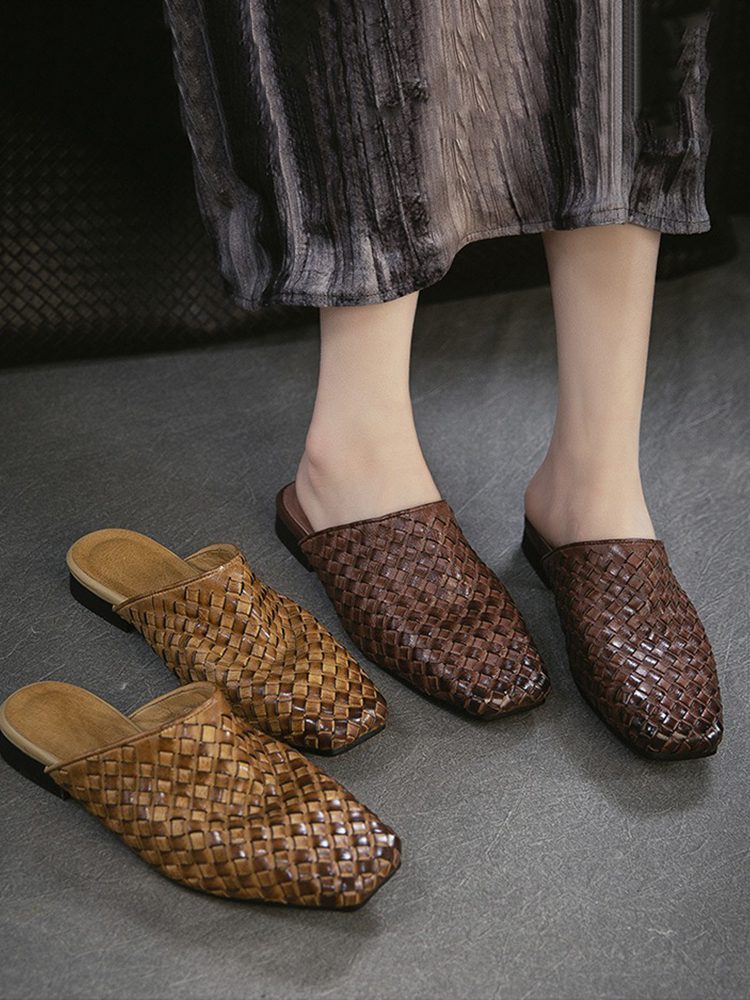 Luxury Handmade Woven Leather Open-Toe Slip-On Sandals Shoes