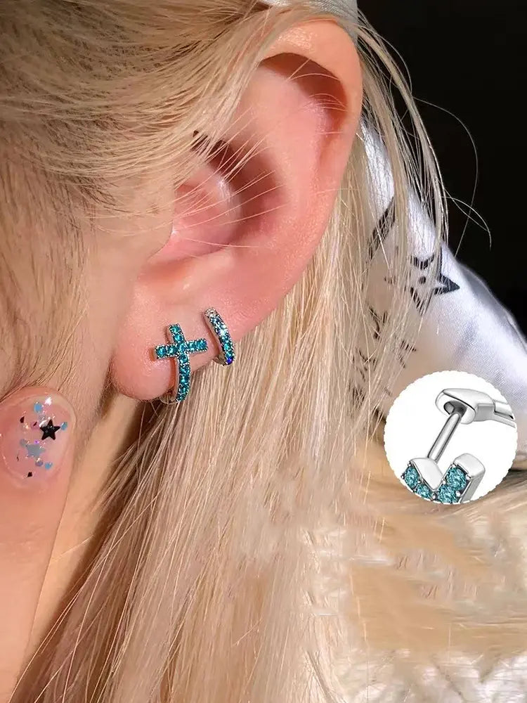 Medical titanium steel stud earrings blue diamond | 18K G... - view 5