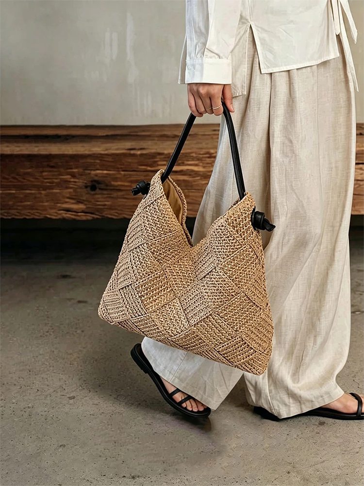 Medium Fabric Woven Pocket Beach Tote Bag