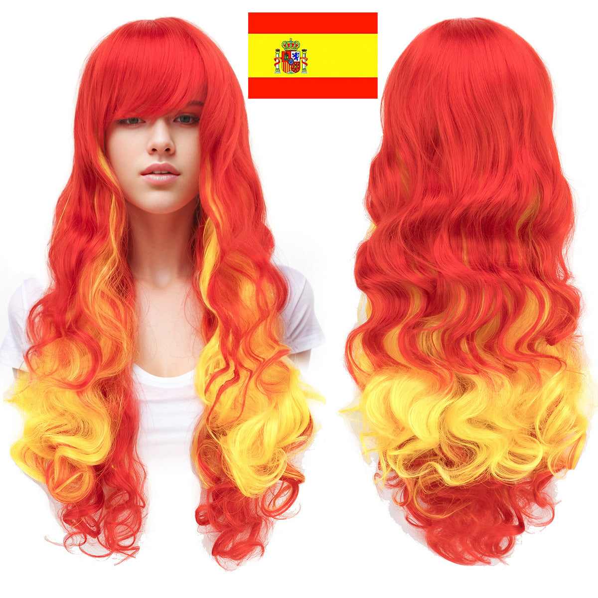 National Flag Gradient Long Curly Cosplay Wig – Women’s Football Fan Party Wig with Bangs, 70cm Heat-Resistant Fiber Hair