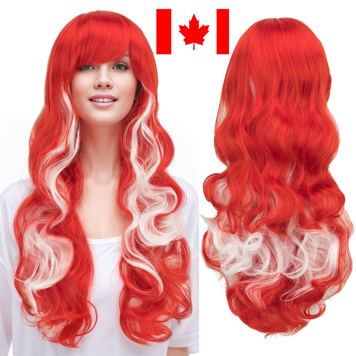 National Flag Gradient Long Curly Cosplay Wig – Women’s Football Fan Party Wig with Bangs, 70cm Heat-Resistant Fiber Hair