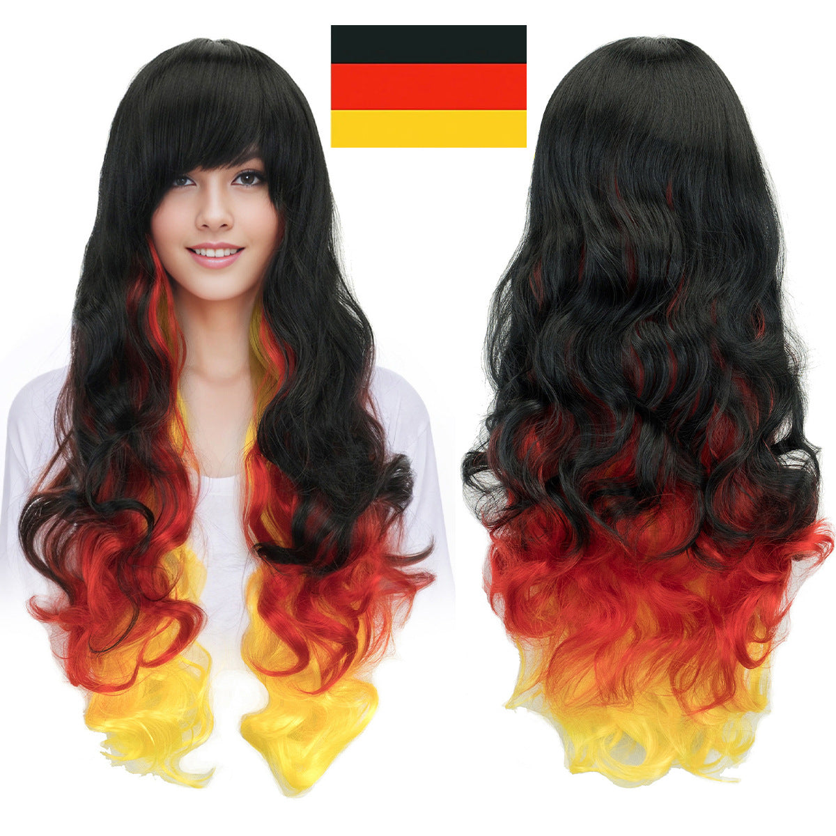 National Flag Gradient Long Curly Cosplay Wig – Women’s Football Fan Party Wig with Bangs, 70cm Heat-Resistant Fiber Hair