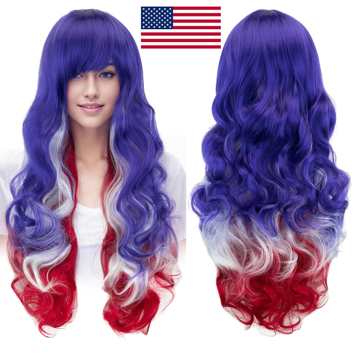 National Flag Gradient Long Curly Cosplay Wig – Women’s Football Fan Party Wig with Bangs, 70cm Heat-Resistant Fiber Hair