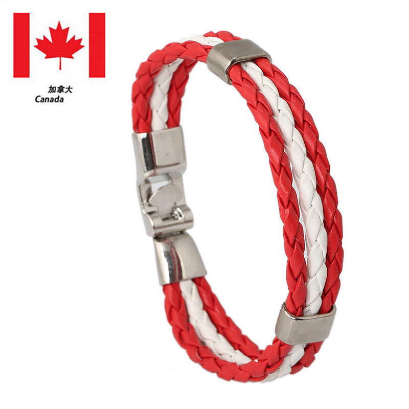 National Flag Leather Bracelet, PU Braided Wristband, Adjustable Country Color Fan Bracelet for Men and Women
