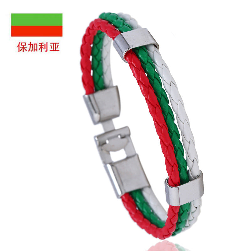 National Flag Leather Bracelet, PU Braided Wristband, Adjustable Country Color Fan Bracelet for Men and Women