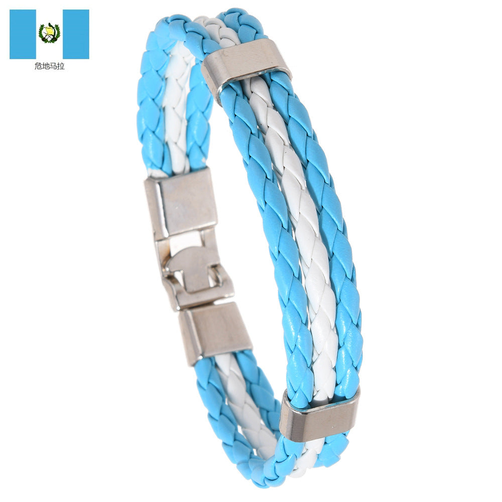 National Flag Leather Bracelet, PU Braided Wristband, Adjustable Country Color Fan Bracelet for Men and Women