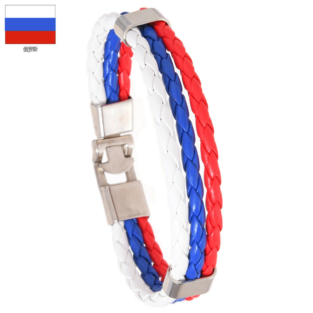 National Flag Leather Bracelet, PU Braided Wristband, Adjustable Country Color Fan Bracelet for Men and Women