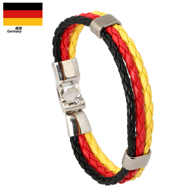 National Flag Leather Bracelet, PU Braided Wristband, Adjustable Country Color Fan Bracelet for Men and Women