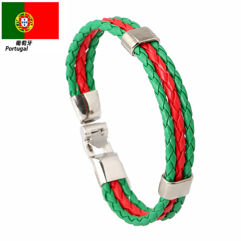 National Flag Leather Bracelet, PU Braided Wristband, Adjustable Country Color Fan Bracelet for Men and Women