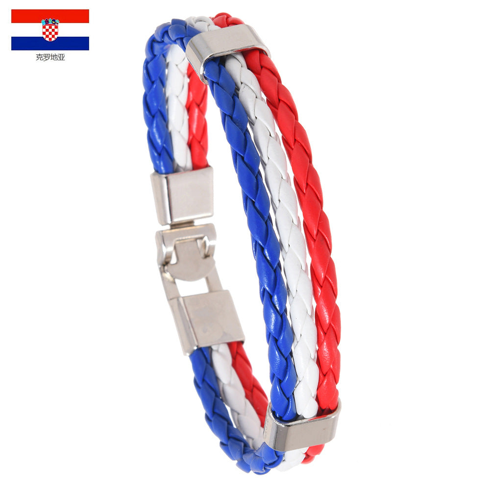 National Flag Leather Bracelet, PU Braided Wristband, Adjustable Country Color Fan Bracelet for Men and Women