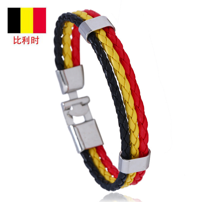National Flag Leather Bracelet, PU Braided Wristband, Adjustable Country Color Fan Bracelet for Men and Women