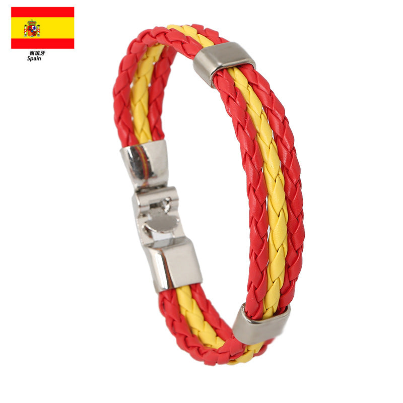 National Flag Leather Bracelet, PU Braided Wristband, Adjustable Country Color Fan Bracelet for Men and Women