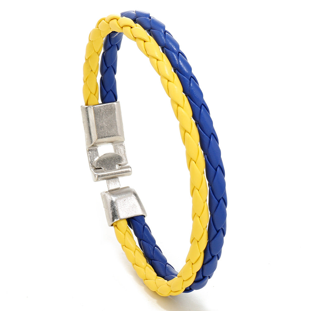 National Flag Leather Bracelet, PU Braided Wristband, Adjustable Country Color Fan Bracelet for Men and Women