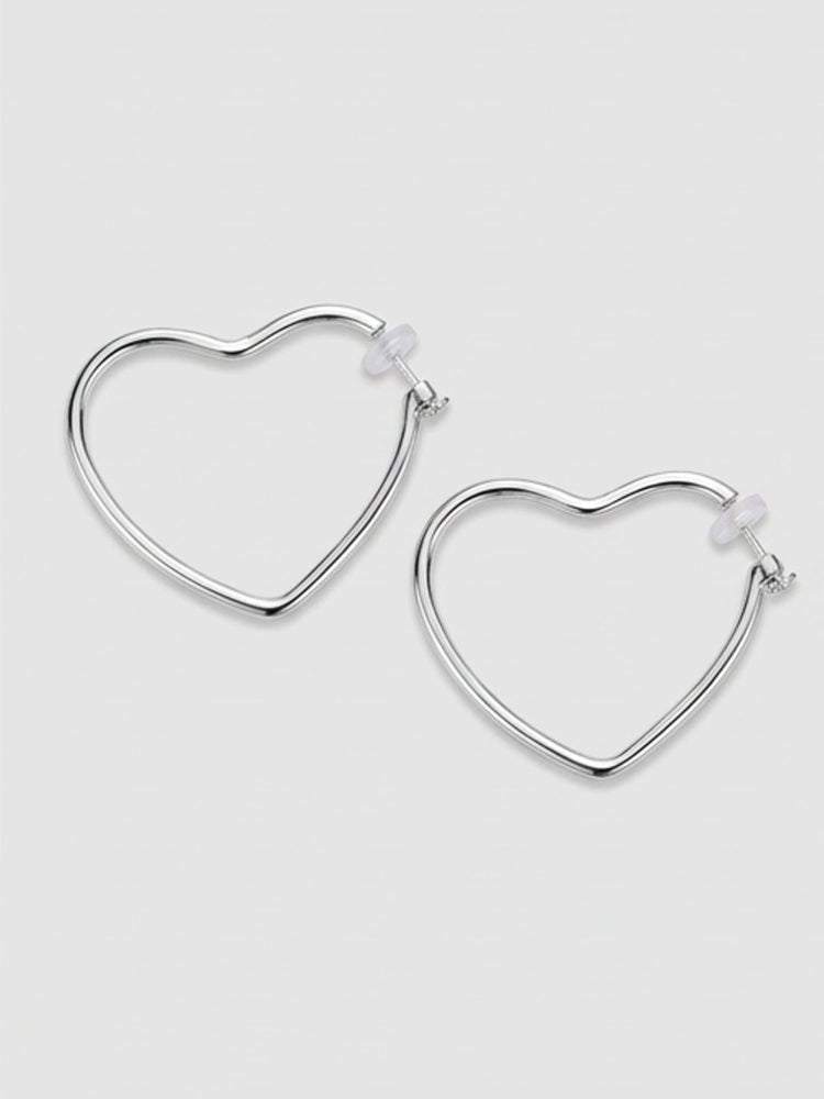 Non-Pierced Large Heart Hoop Earrings Silver Tone