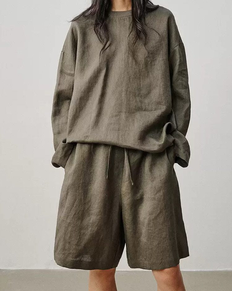 Old Money Minimalist Heavyweight Linen Shirt & Shorts Set Green20260504_2132_08