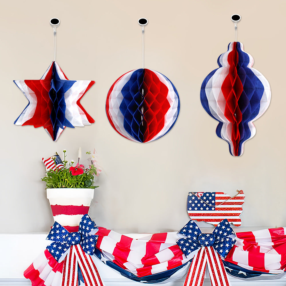 Patriotic Honeycomb Hanging Decorations, Red White Blue Paper Ball Ornaments for Holiday Parties, Festivals and Event Decor