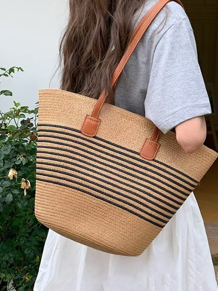 Riviera Stripe Woven Straw Tote Bag