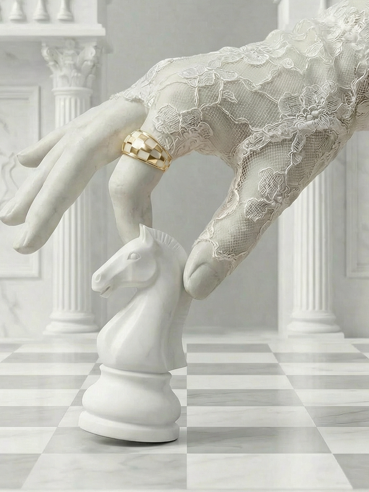 Shakespeare White Checkered Pattern Ring Enamel Geometric Adjustable Opening