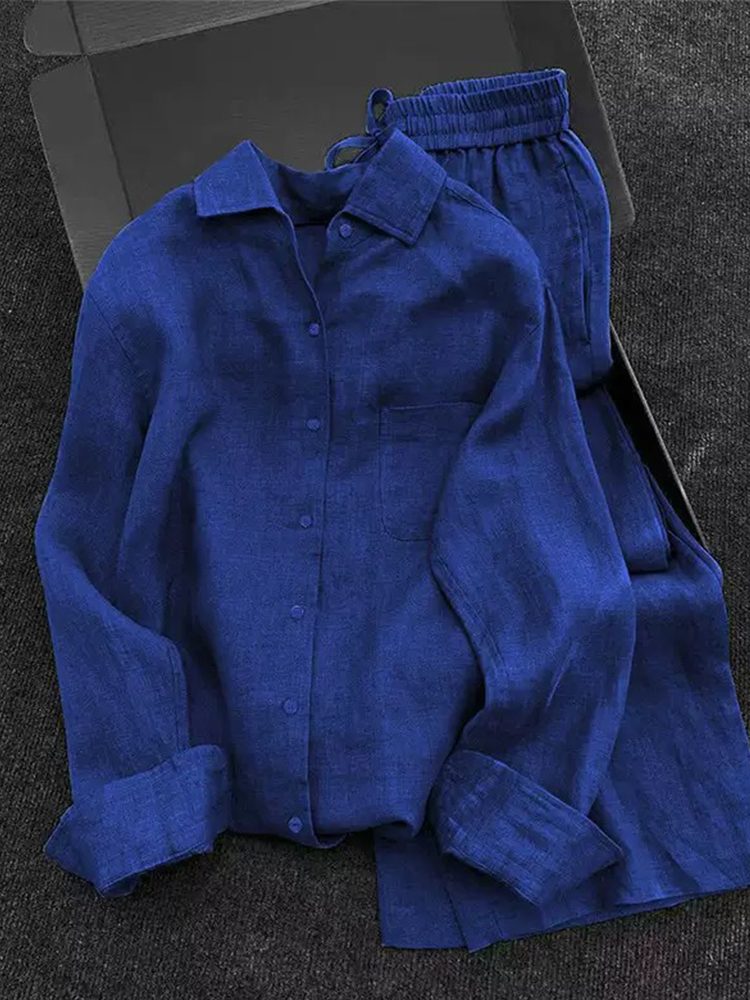 Silk-Luster Navy Blue Shirt & Wide-Leg Pants Set