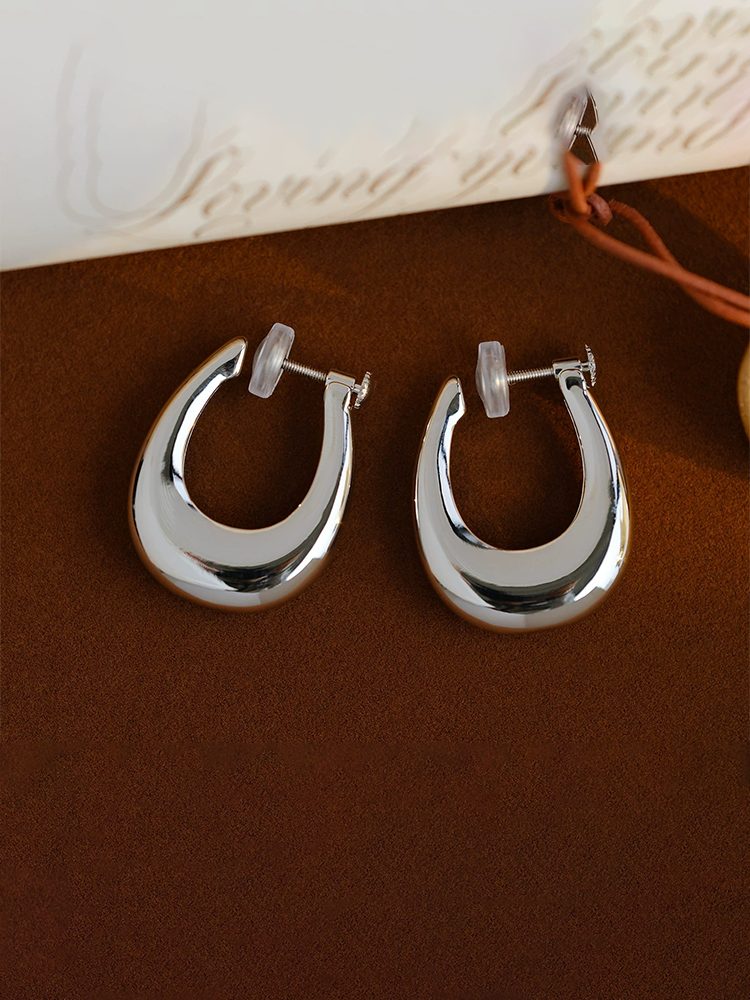 Silver Stainless Steel Hoop Clip Earrings Screw Back Clip-On Earrings