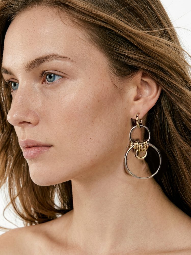 Stainless Steel Long Modern Hoop Earrings – Gypsy-Inspired, Mixed Gold & Silver Dangle