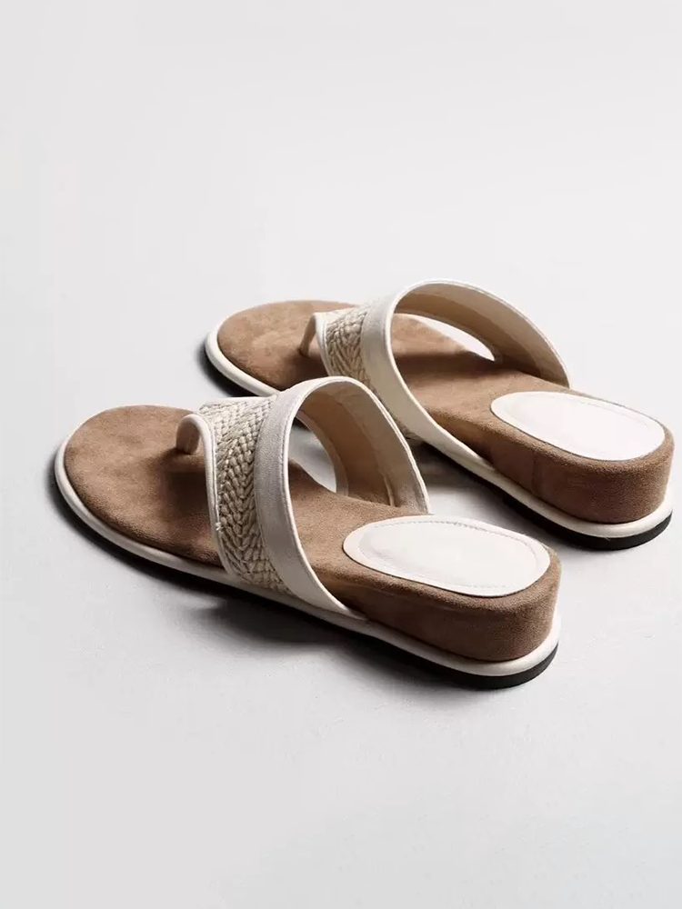 Thick Sole Leather Toe-Loop Woven Flip-Flops Sandals Shoes
