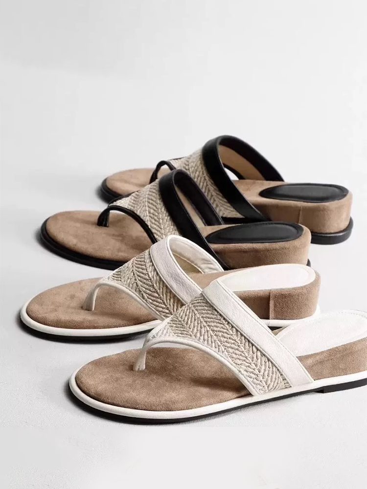 Thick Sole Leather Toe-Loop Woven Flip-Flops Sandals Shoes