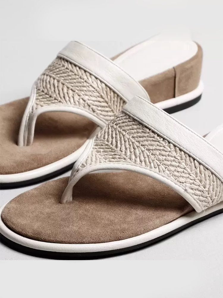 Thick Sole Leather Toe-Loop Woven Flip-Flops Sandals Shoes