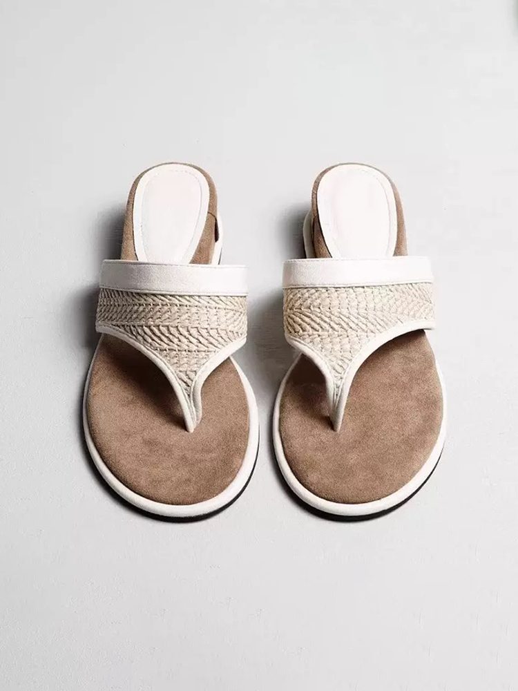 Thick Sole Leather Toe-Loop Woven Flip-Flops Sandals Shoes