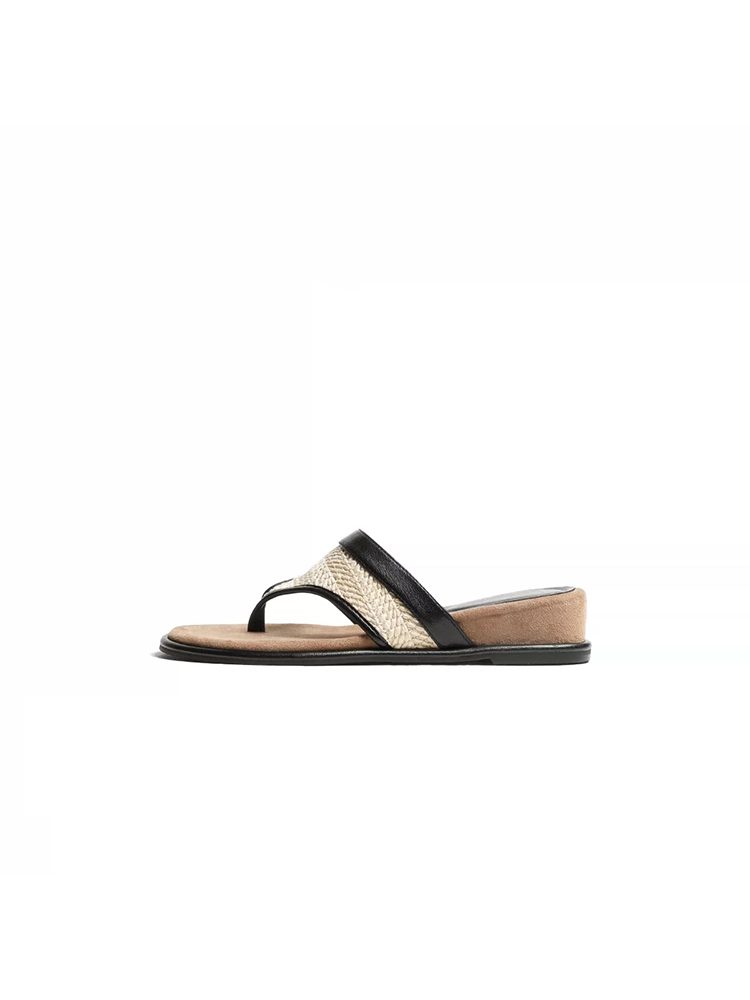 Thick Sole Leather Toe-Loop Woven Flip-Flops Sandals Shoes