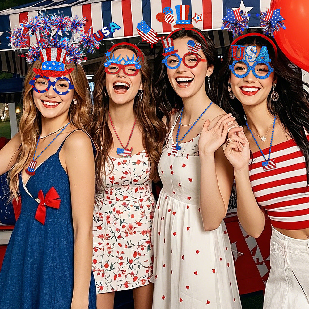 USA Patriotic Party Accessory Set - Flag Top Hat Headband Glasses & Necklace Kit for Independence Day Parades Celebrations and Events