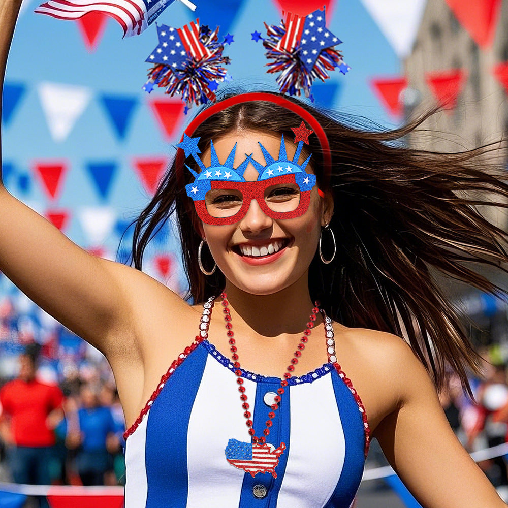 USA Patriotic Party Accessory Set - Flag Top Hat Headband Glasses & Necklace Kit for Independence Day Parades Celebrations and Events